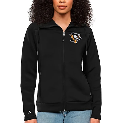 Women's Antigua Black Pittsburgh Penguins Team Logo Protect Full-Zip Hoodie