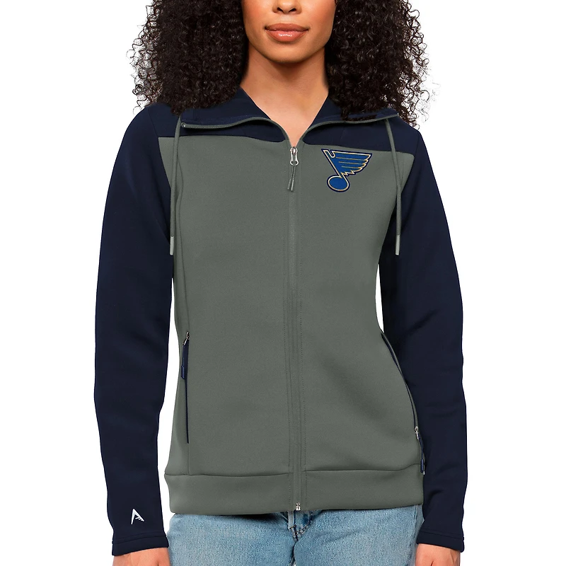 Women's Antigua Navy/Steel St. Louis Blues Protect Full-Zip Hoodie
