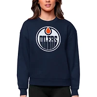 Women's Antigua Navy Edmonton Oilers Primary Logo Team Logo Victory Crewneck Pullover Sweatshirt