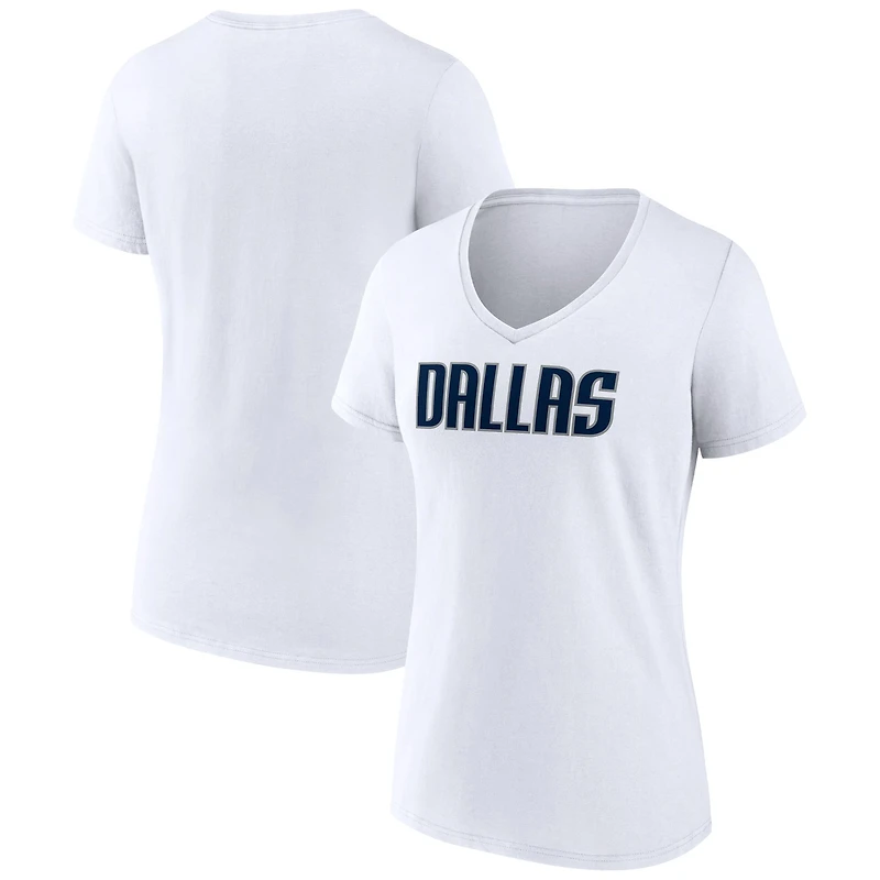 Women's White Dallas Mavericks Wordmark V-Neck T-Shirt