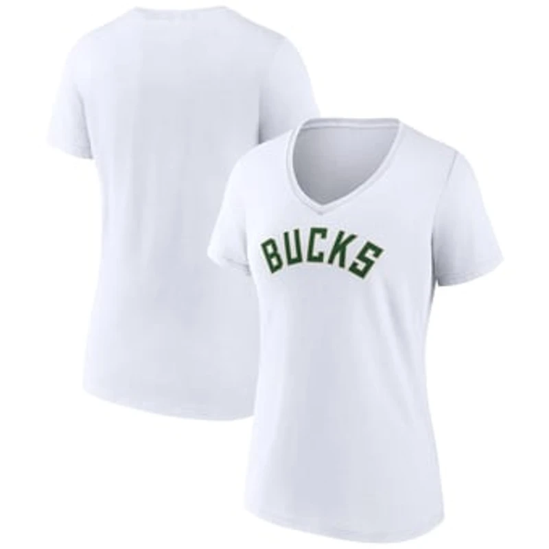 Women's White Milwaukee Bucks Wordmark V-Neck T-Shirt