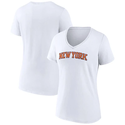 Women's White New York Knicks Wordmark V-Neck T-Shirt