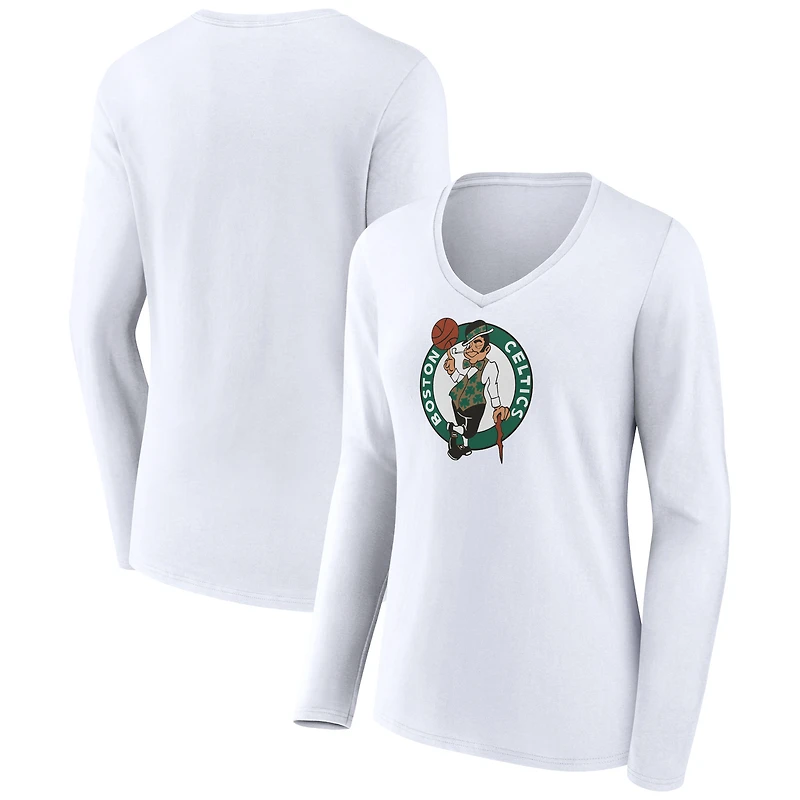 Women's White Boston Celtics Logo Long Sleeve V-Neck T-Shirt