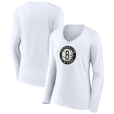 Women's White Brooklyn Nets Logo Long Sleeve V-Neck T-Shirt