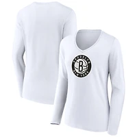 Women's White Brooklyn Nets Logo Long Sleeve V-Neck T-Shirt