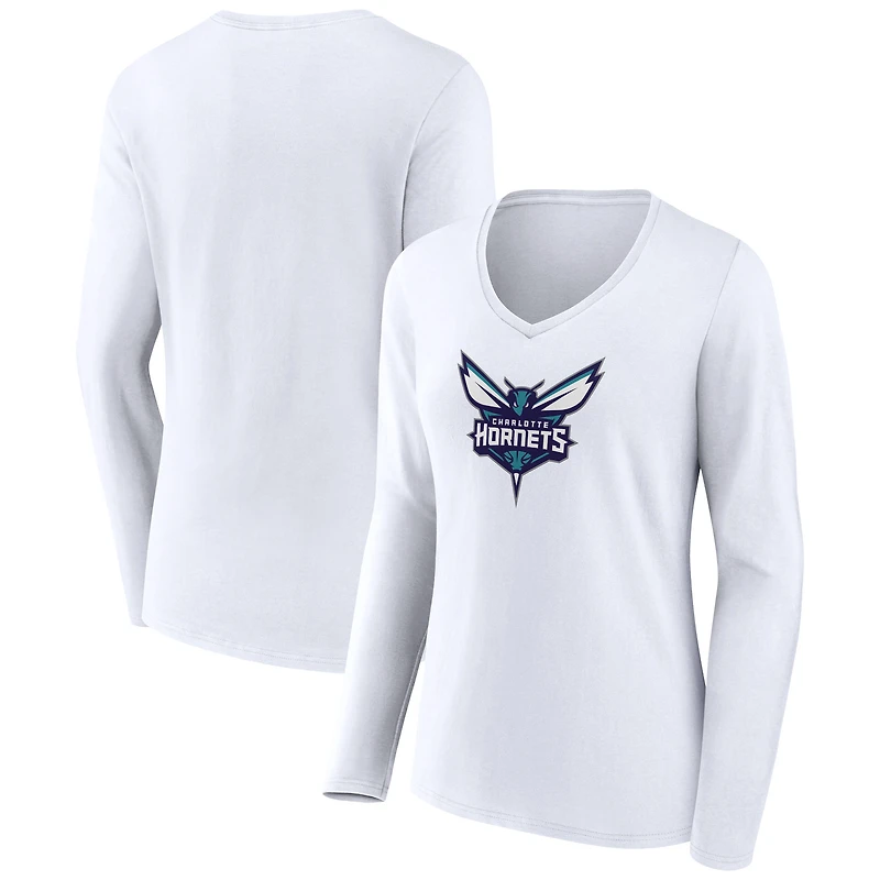 Women's White Charlotte Hornets Logo Long Sleeve V-Neck T-Shirt