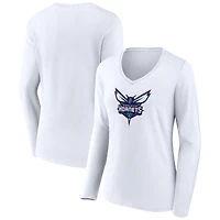 Women's White Charlotte Hornets Logo Long Sleeve V-Neck T-Shirt