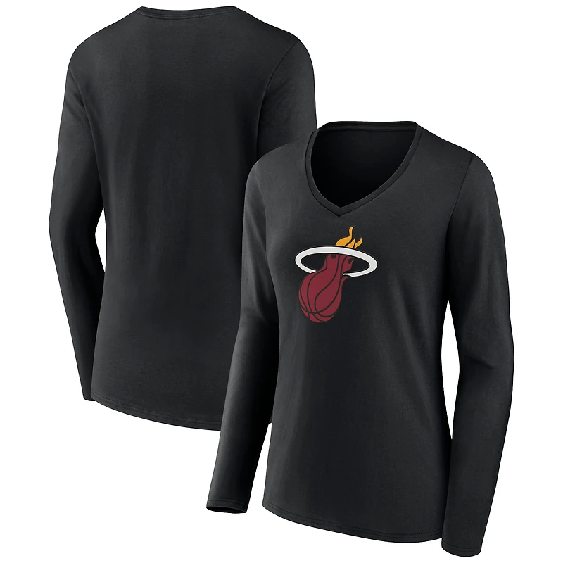 Women's Black Miami Heat Logo Long Sleeve V-Neck T-Shirt