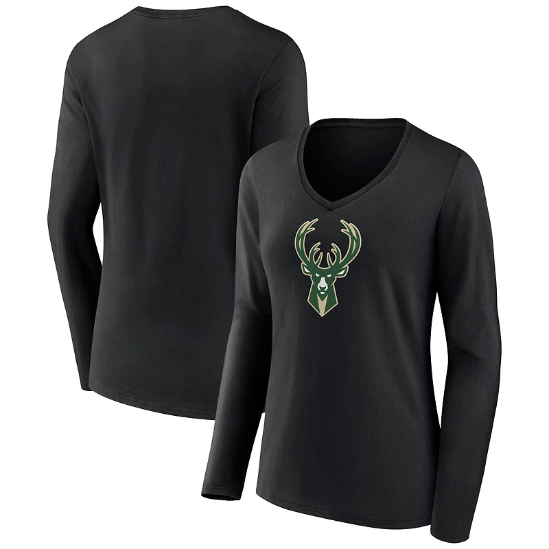 Women's Black Milwaukee Bucks Logo Long Sleeve V-Neck T-Shirt
