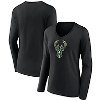 Women's Black Milwaukee Bucks Logo Long Sleeve V-Neck T-Shirt