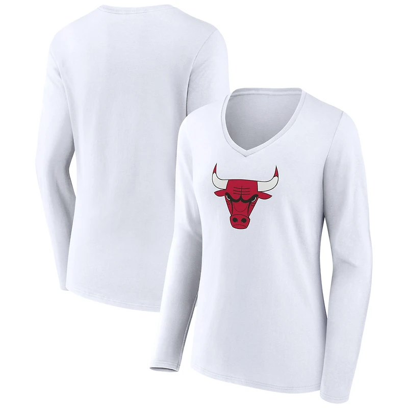 Women's White Chicago Bulls Logo Long Sleeve V-Neck T-Shirt