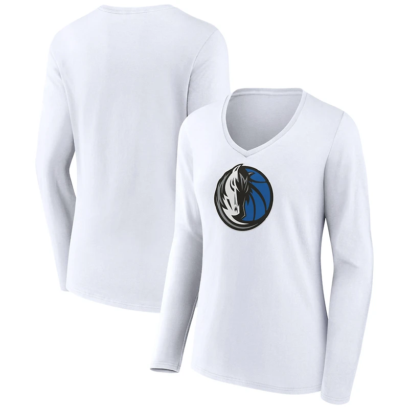 Women's White Dallas Mavericks Logo Long Sleeve V-Neck T-Shirt