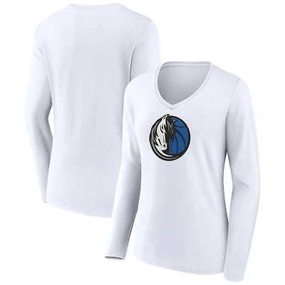 Women's White Dallas Mavericks Logo Long Sleeve V-Neck T-Shirt