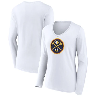 Women's White Denver Nuggets Logo Long Sleeve V-Neck T-Shirt
