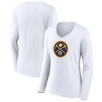 Women's White Denver Nuggets Logo Long Sleeve V-Neck T-Shirt