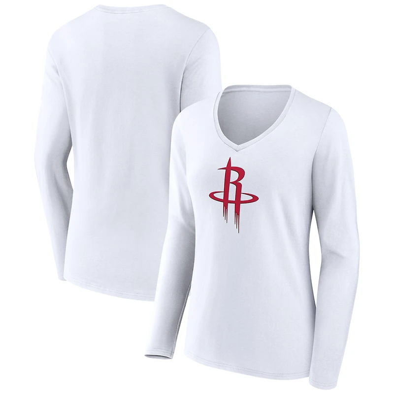 Women's White Houston Rockets Logo Long Sleeve V-Neck T-Shirt