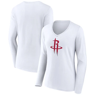 Women's White Houston Rockets Logo Long Sleeve V-Neck T-Shirt