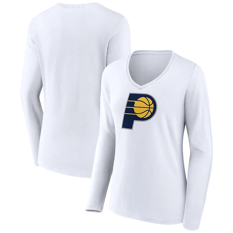 Women's White Indiana Pacers Logo Long Sleeve V-Neck T-Shirt