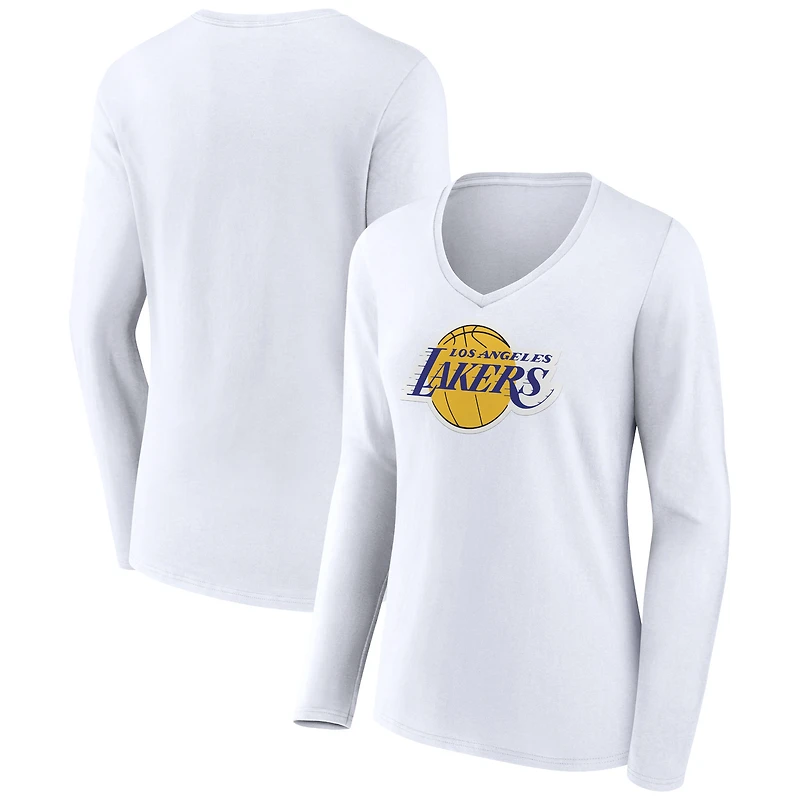 Women's White Los Angeles Lakers Logo Long Sleeve V-Neck T-Shirt