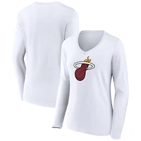 Women's White Miami Heat Logo Long Sleeve V-Neck T-Shirt