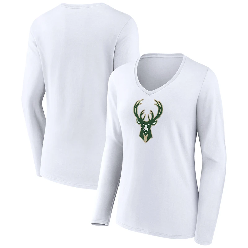 Women's White Milwaukee Bucks Logo Long Sleeve V-Neck T-Shirt