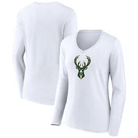 Women's White Milwaukee Bucks Logo Long Sleeve V-Neck T-Shirt