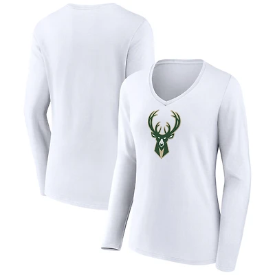 Women's White Milwaukee Bucks Logo Long Sleeve V-Neck T-Shirt