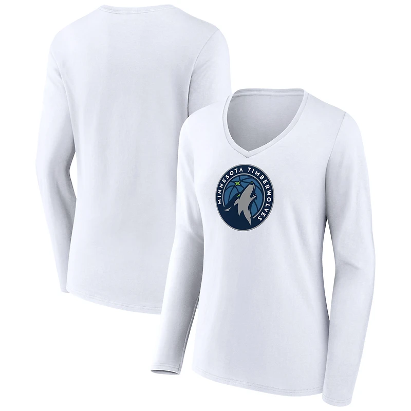Women's White Minnesota Timberwolves Logo Long Sleeve V-Neck T-Shirt