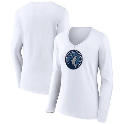 Women's White Minnesota Timberwolves Logo Long Sleeve V-Neck T-Shirt