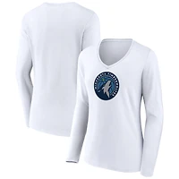 Women's White Minnesota Timberwolves Logo Long Sleeve V-Neck T-Shirt