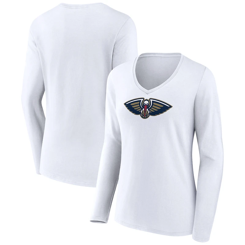 Women's White New Orleans Pelicans Logo Long Sleeve V-Neck T-Shirt