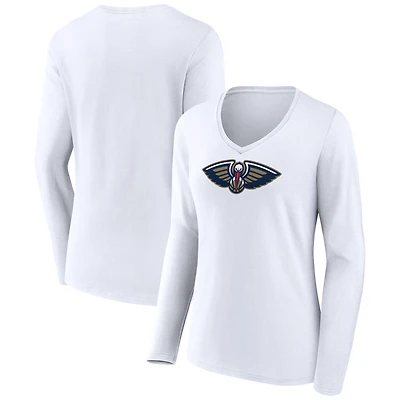 Women's White New Orleans Pelicans Logo Long Sleeve V-Neck T-Shirt