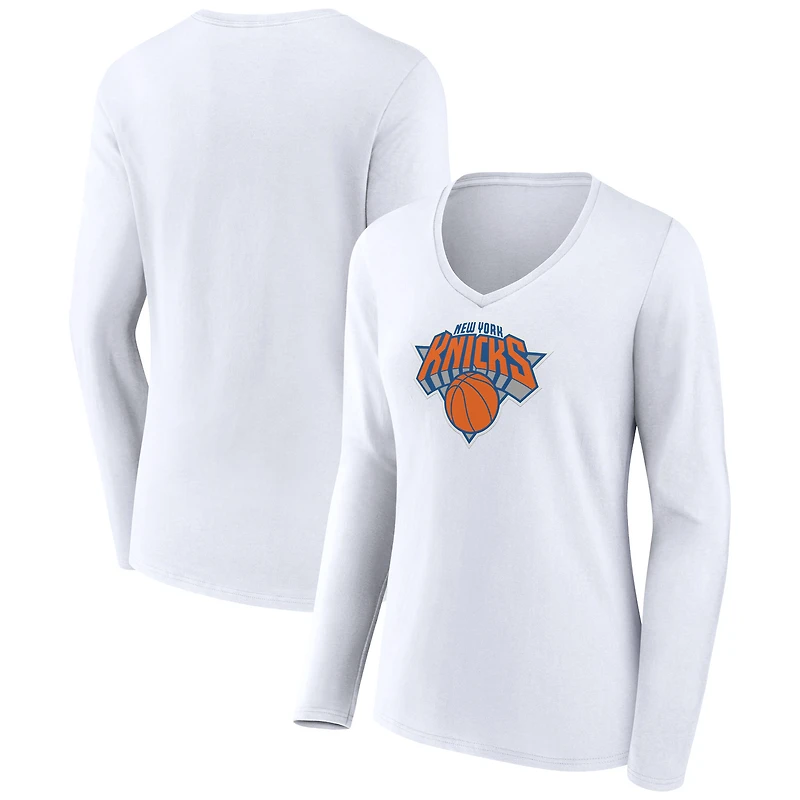 Women's White New York Knicks Logo Long Sleeve V-Neck T-Shirt