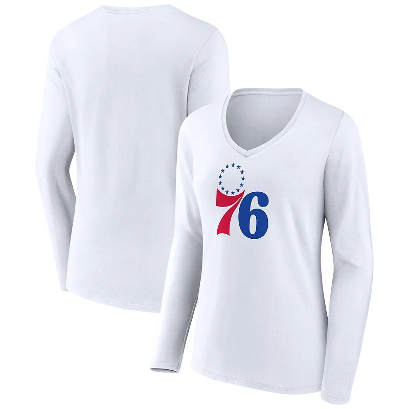 Women's White Philadelphia 76ers Logo Long Sleeve V-Neck T-Shirt