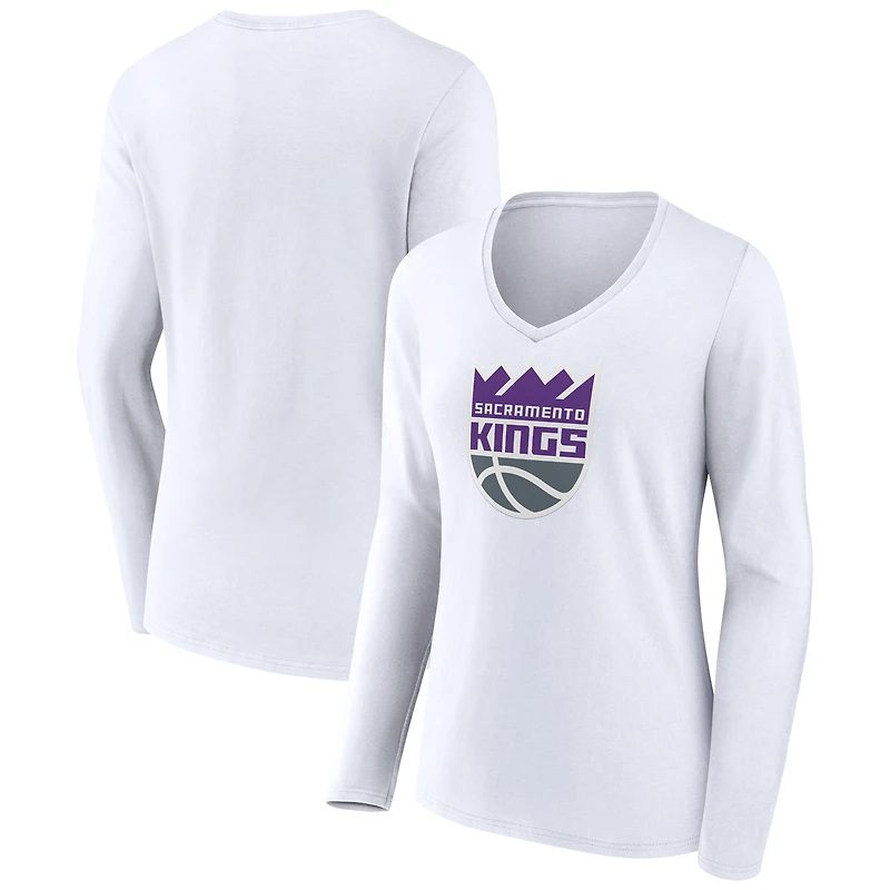 Women's White Sacramento Kings Logo Long Sleeve V-Neck T-Shirt