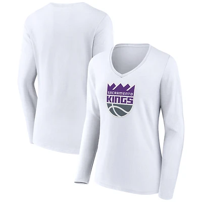 Women's White Sacramento Kings Logo Long Sleeve V-Neck T-Shirt