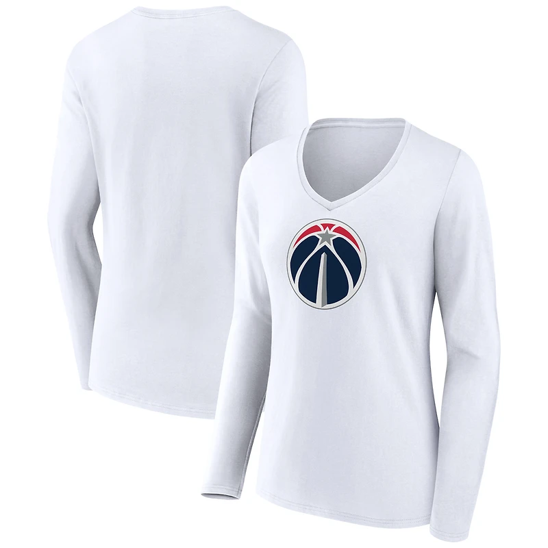 Women's White Washington Wizards Logo Long Sleeve V-Neck T-Shirt