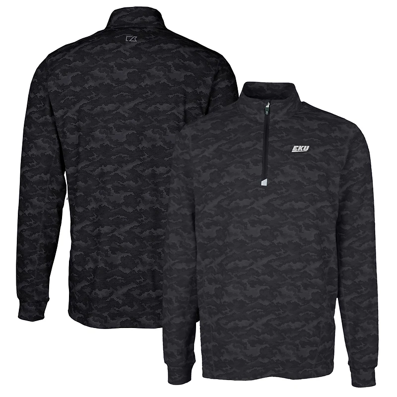 Men's Cutter & Buck Black Eastern Kentucky Colonels Traverse Camo Print Stretch Quarter-Zip Pullover Top