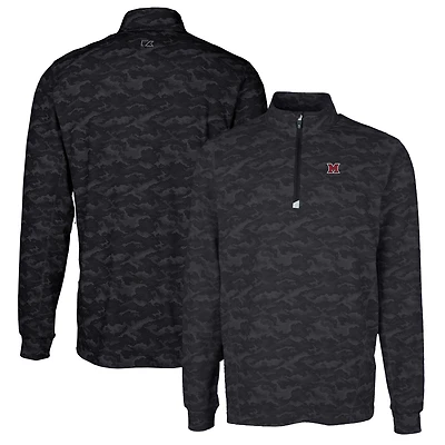 Men's Cutter & Buck Black Miami University RedHawks Traverse Camo Print Stretch Quarter-Zip Pullover Top