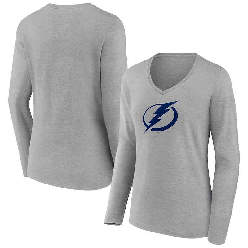 Women's Gray Tampa Bay Lightning Team Logo Long Sleeve V-Neck T-Shirt
