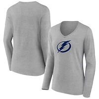 Women's Gray Tampa Bay Lightning Team Logo Long Sleeve V-Neck T-Shirt