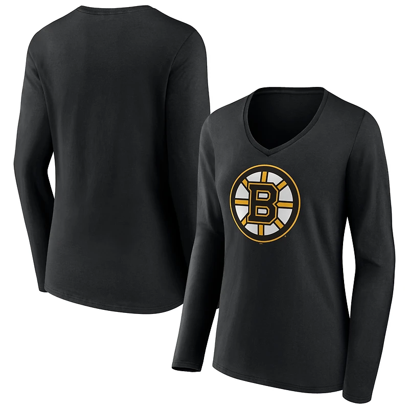 Women's Black Boston Bruins Team Logo Long Sleeve V-Neck T-Shirt