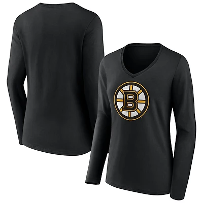 Women's Black Boston Bruins Team Logo Long Sleeve V-Neck T-Shirt