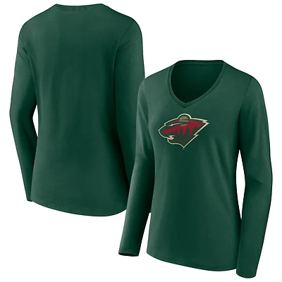 Women's Green Minnesota Wild Team Logo Long Sleeve V-Neck T-Shirt