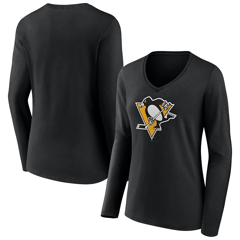 Women's Black Pittsburgh Penguins Team Logo Long Sleeve V-Neck T-Shirt