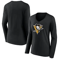 Women's Black Pittsburgh Penguins Team Logo Long Sleeve V-Neck T-Shirt