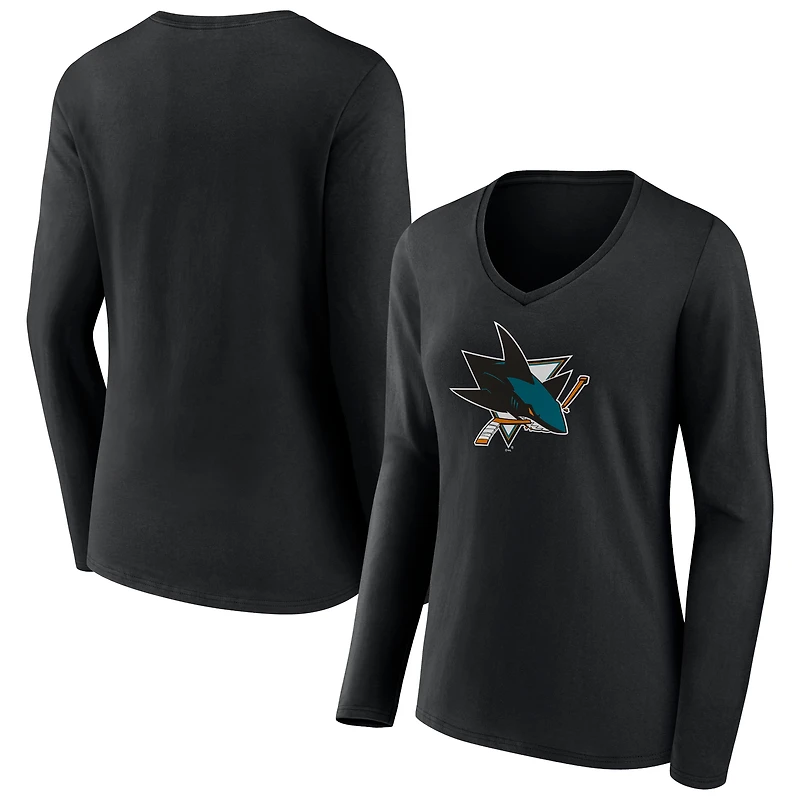 Women's Black San Jose Sharks Team Logo Long Sleeve V-Neck T-Shirt