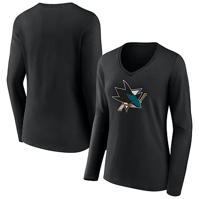 Women's Black San Jose Sharks Team Logo Long Sleeve V-Neck T-Shirt