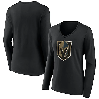 Women's Black Vegas Golden Knights Team Logo Long Sleeve V-Neck T-Shirt