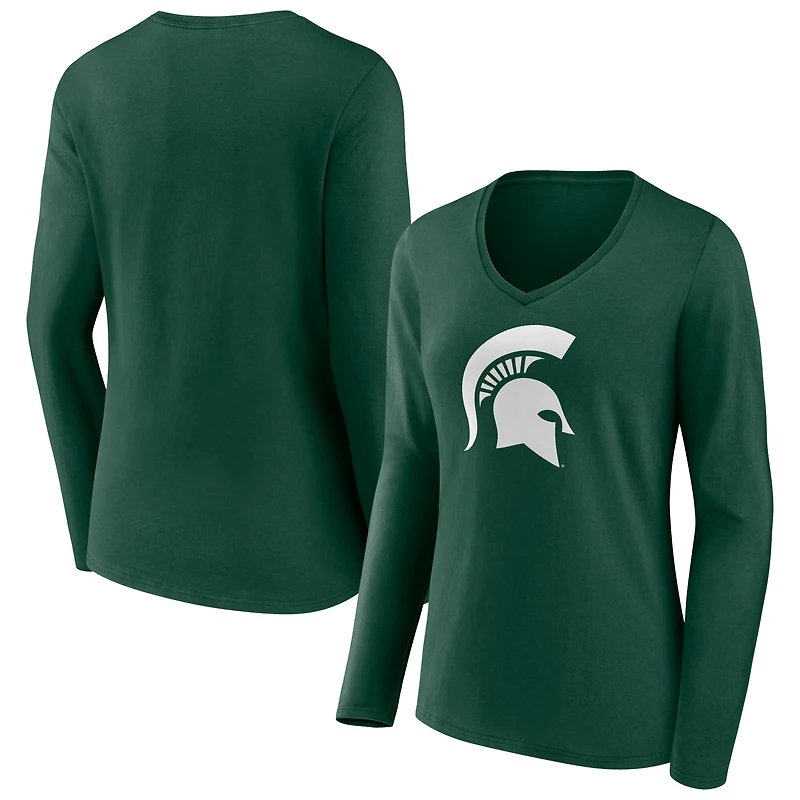 Women's Green Michigan State Spartans Logo Long Sleeve V-Neck T-Shirt